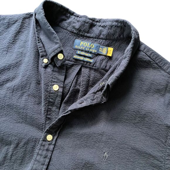 Polo Ralph Lauren Mens Shirt 2xl Navy Blue Seersucker Guaranteed to Wrinkle - Picture 1 of 7